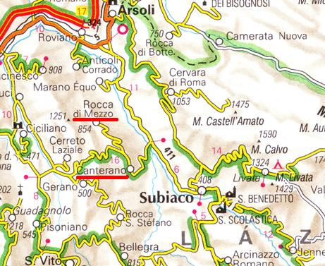 Canterano e Rocca di Mezzo tra Subiaco (a SE) e Anticoli Corrado e Arsoli (a N). (Rocca Canterano, il Touring Club se l’è scordata: sta, più o meno, a metà strada fra Canterano e Rocca di Mezzo).