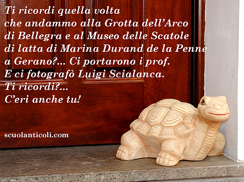 Ti ricordi quella volta che andammo alla Grotta dell'Arco di Bellegra e al Museo delle Scatole di latta di Marina Durand de la Penne a Gerano?... Ci portarono i prof. E ci fotograf Luigi Scialanca. Ti ricordi?... C'eri anche tu!