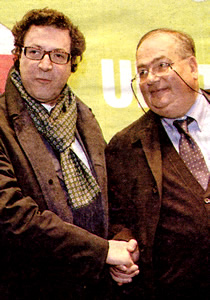 Le belle facce del Pid: Massimo Calearo e il sindacalista della Cgil Paolo Nerozzi, lodati da Veltroni come "lesempio dellItalia nuova che unisce, non divide, non si odia" (da La Repubblica del 12 marzo 2008). Qual  il Gatto e qual  la Volpe? Veltroni, invece,  quello che morde le orecchie ai ciucci: lomino che promette a tutti il Paese dei Balocchi.