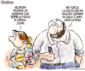 Veltroni secondo Staino su "L'Unit" del 23 gennaio 2011. Come si vede, Bobo batte Scalfari per ko alla prima ripresa.