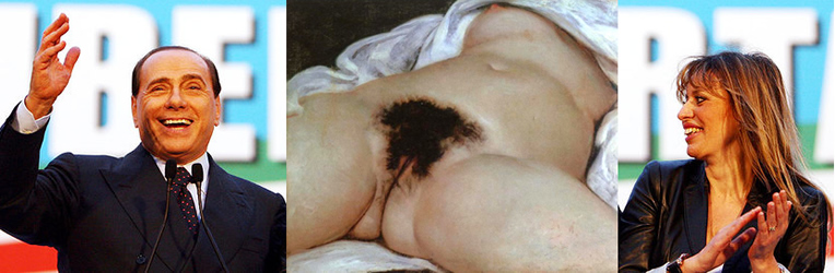 Per la serie "Facciamogliela vedere, cos c' una remota possibilit che i due poveretti comincino a capire di cosa parlano": Berlusconi, la "Origine du monde" di Gustave Courbet, Mussolini.
