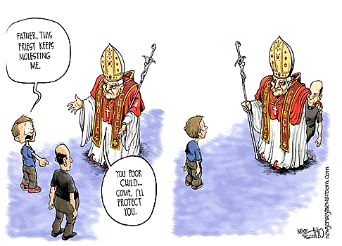 "Padre, questo prete mi sta molestando". "Povero bambino... Vieni, ti proteggo io". (Vignetta tratta dal sito "Segnalazioni").