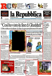 Per la serie "Terrorismo ideologico?": la prima pagina de La Repubblica del 22 ottobre 2011. (Cliccala, se hai abbastanza stomaco per vederla ingrandita).