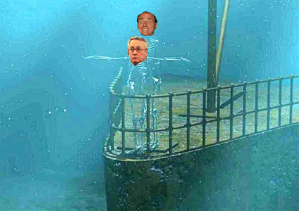 Per la serie "Speriamo che alla fine ci rimangano solo loro": il Tremonti e il Berlusconi sul Titanic. (Immagine tratta dal sito "Fuoriditesta" e modificata).