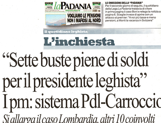 Titolo de "La Repubblica" di gioved 8 marzo 2012 su Davide Boni, portatore di moccichino verde e presidente del Consiglio regionale della Lombardia.