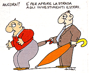 Per la serie "Profonde differenze tra il Berlusconi e il Monti": il Monti secondo Altan su La Repubblica di venerd 23 marzo 2012. (Il primo ombrello  cos piccolo e sottile, per signora, forse perch in realt non  un ombrello, ma la Fornero? E la testa non si vede perch  gi entrata?)