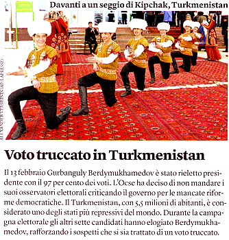I finti sinistri del Pd non accettano le critiche? Bugie: le accettano e come. Purch siano loro rivolte secondo le modalit adottate dall'opposizione turkmena per criticare il governo. (Immagine e testo tratti da "Internazionale" 936 di venerd 17 febbraio 2012).