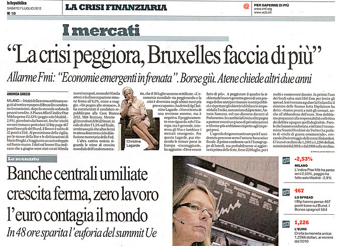 Ecco a cosa servono i Sacrifici Umani detti "spending review ad invarianza di spesa per i cittadini": a peggiorare la crisi. E dunque, per la gentaglia che ci governa, a preparare altri Sacrifici Umani.