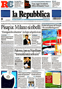 La Repubblica di sabato 13 ottobre 2012: alla protesta della Scuola poche righe a pag. 20 e per di pi incomplete.