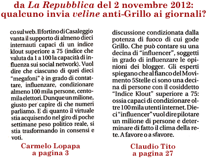 Su "La Repubblica" di venerd 2 novembre 2012, identici slogan anti-Grillo del Lopapa e del Tito. Qualcuno invia "veline" anti-Grillo ai quotidiani? Anche su altri quotidiani sono apparse oggi le medesime considerazioni? Pur non essendo un attivista del Movimento 5 Stelle, e pur non avendo alcuna intenzione di diventarlo, mi piacerebbe molto saperlo. (Luigi Scialanca, scuolanticoli@katamail.com).