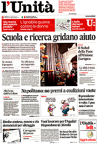 "L'Unit" di sabato 13 ottobre 2012: alla protesta della Scuola il massimo rilievo e un'amara vignetta di Staino.