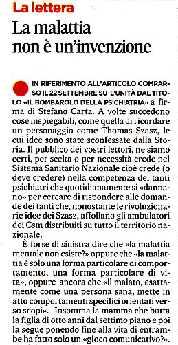 "La malattia non  un'invenzione" - lettera di un gruppo di psichiatri a "L'Unit" di gioved 27 settembre 2012. Clicca qui per leggerla tutta!