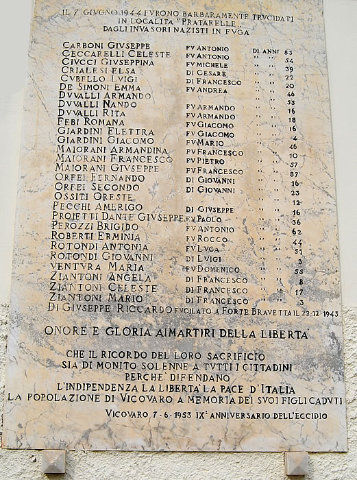 Vicovaro (Roma). I nomi dei Martiri delle Pratarelle sulla lapide affissa sulla parete della Scuola elementare.