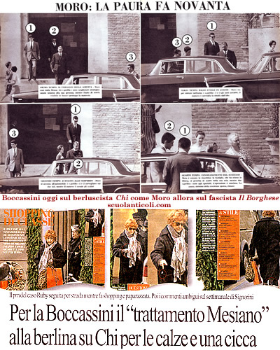 Ilda Boccassini oggi nella fabbrica del fango del berluscista "Chi" come Aldo Moro nel 1964 nella fabbrica del fango del fascista "Il Borghese". (La pagina di "Chi"  tratta da "La Repubblica" di gioved 20 dicembre 2012, quella de "Il Borghese" dal n29 di gioved 16 luglio 1964. Aldo Moro fu seguito, spiato e fotografato dai fascisti de "Il Borghese" per anni. Clicca sull'immagine se vuoi renderla pi leggibile).