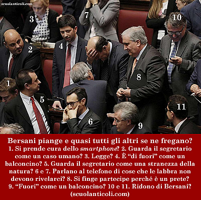 Bersani piange e quasi tutti gli altri se ne fregano? (Clicca sulla foto se vuoi vederla, tristemente, meglio...) (Domenica 21 aprile 2013. Luigi Scialanca, scuolanticoli@katamail.com).