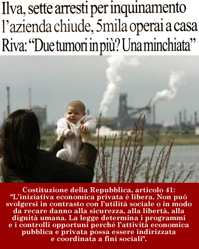Costituzione della Repubblica, articolo 41: "L'iniziativa economica privata  libera. Non pu svolgersi in contrasto con l'utilit sociale o in modo da recare danno alla sicurezza, alla libert, alla dignit umana. La legge determina i programmi e i controlli opportuni perch l'attivit economica pubblica e privata possa essere indirizzata e coordinata a fini sociali".