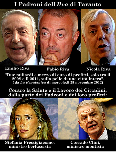 I Padroni dell'"Ilva" di Taranto e i loro servi berluscisti e montisti. Contro la Salute e il Lavoro dei Cittadini.