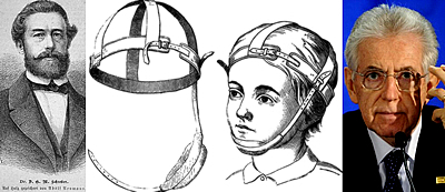 Per la serie "Orientatori di teste dall'Ottocento a oggi": Moritz Schreber, psichiatra sadico (1808-1861), uno degli apparecchi pseudo-ortopedici con cui induceva certi genitori a torturare i figli e (naturalmente ancor pi a destra) il Monti Mario (clicca sull'immagine per renderla pi leggibile, se te la senti).