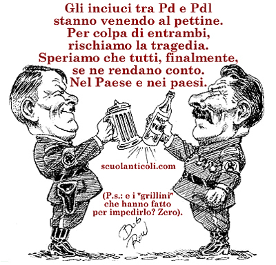 Gli inciuci tra Pd e Pdl stanno venendo al pettine. Per colpa di entrambi, rischiamo la tragedia. Speriamo che tutti, finalmente, se ne rendano conto. Nel Paese e nei paesi. (E i "grillini" che hanno fatto per impedirlo? Zero). (Domenica 29 settembre 2013. Luigi Scialanca, scuolanticoli@katamail.com).