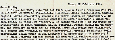 Quando discutevo di Massimo Fagioli con "l'Unit" e con Luigi Cancrini... (Mercoled 19 febbraio 2014. Luigi Scialanca, scuolanticoli@katamail.com).