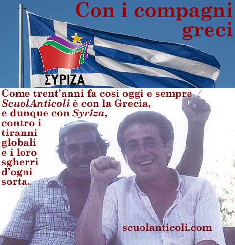 Nella foto, Luigi Scialanca (che si scusa per aver alzato il braccio destro) nel settembre del 1984 sull'isola di Tylos, nel Dodecanneso, con il compagno Apostolos Caggifunda, partigiano nella Resistenza greca al nazismo tedesco.
