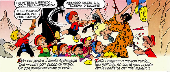 Una vignetta tratta dal celeberrimo "Inferno di Topolino", creazione tutta italiana perch sceneggiato da Guido Martina, disegnato da Angelo Bioletto, pubblicato da Mondadori tra il 1949 e il 1950 e poi pi volte ristampato.