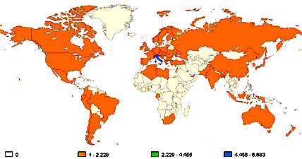 Le 93 nazioni di provenienza delle 9.770 visualizzazioni di pagina effettuate su ScuolAnticoli nel mese di aprile 2012.