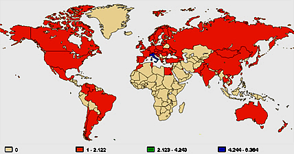 Le 100 nazioni di provenienza delle 11.296 visualizzazioni di pagina effettuate su ScuolAnticoli nel mese di aprile 2013.