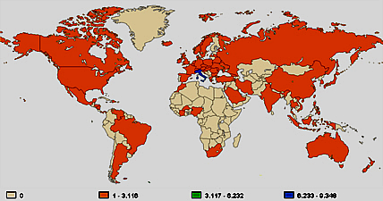 Le 91 nazioni di provenienza delle 12.617 visualizzazioni di pagina effettuate su ScuolAnticoli nel mese di gennaio 2012.