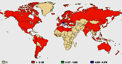 Le 100 nazioni di provenienza delle 12.237 visualizzazioni di pagina effettuate su ScuolAnticoli nel mese di maggio 2014.
