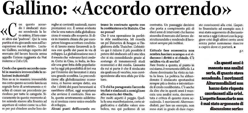 Intervista di Luciano Gallino al quotidiano ecologista Terra di marted 15 giugno 2010.