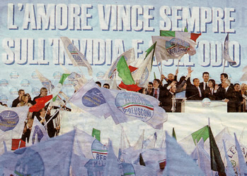 "L'amore vince sempre sull'invidia e sull'odio" - slogan ufficiale della manifestazione del Pidille e della Lega Nord a piazza san Giovanni, a Roma, sabato 20 marzo 2010.