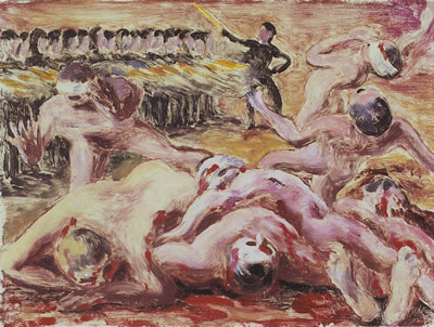 Carlo Levi, "La fucilazione", 1944, monotipo, 31 x 41 cm (dal catalogo della mostra <Carlo Levi, Siamo liberati, Cinquanta opere dalla Resistenza alla Repubblica>, Napoli, 29 settembre - 29 ottobre 2005, edito dalla Fondazione Carlo Levi e da Donzelli editore)