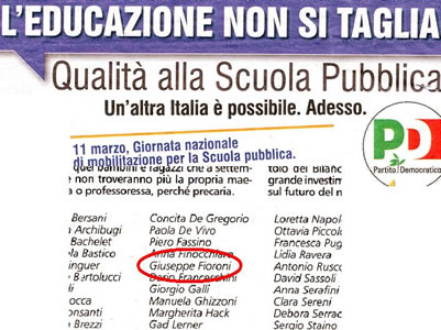 Per la serie "Fra le Rose e le Viole una Madre superiora non ci sta bene": un manifesto per la Scuola Statale deturpato dalla firma di Giuseppe "Beppe" Fioroni.